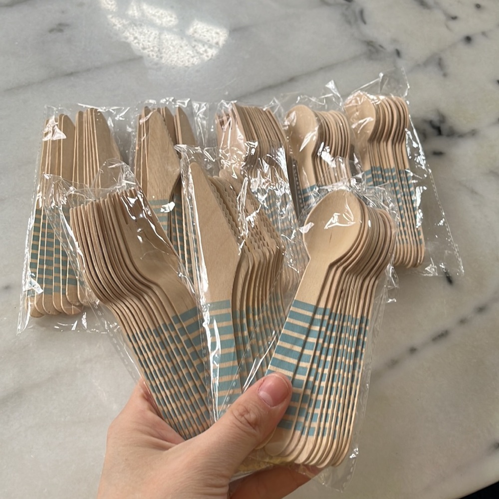 Wooden blue striped party knives forks and spoons utensils